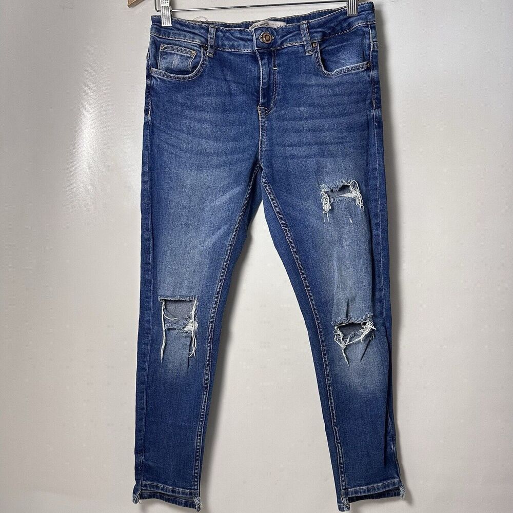 Zara Basic Z1975 Denim Ripped Distressed Hi Low Ankle Stretch Jeans Casual 8